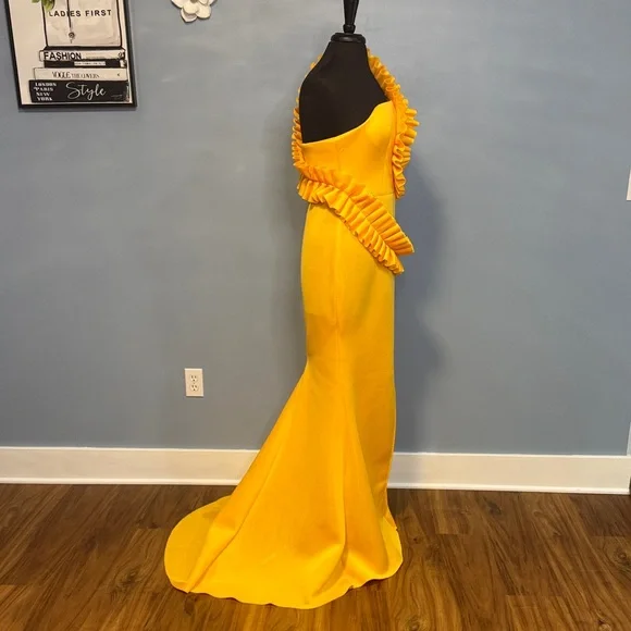 Vibrant Yellow One Shoulder Ruffle Dress Size Large - Picture 5 of 16